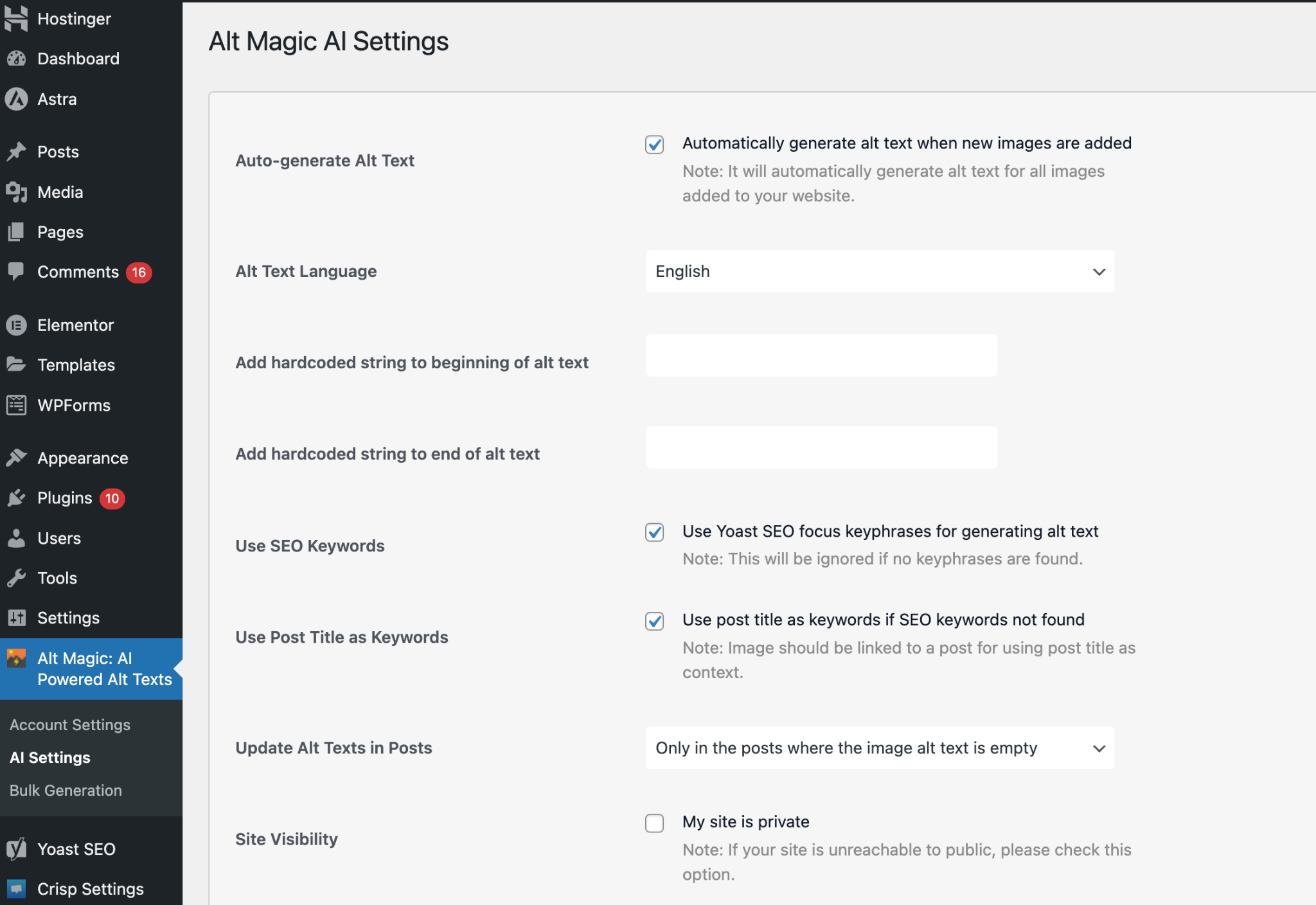 Alt Magic AI alt text generation settings for WordPress plug-in